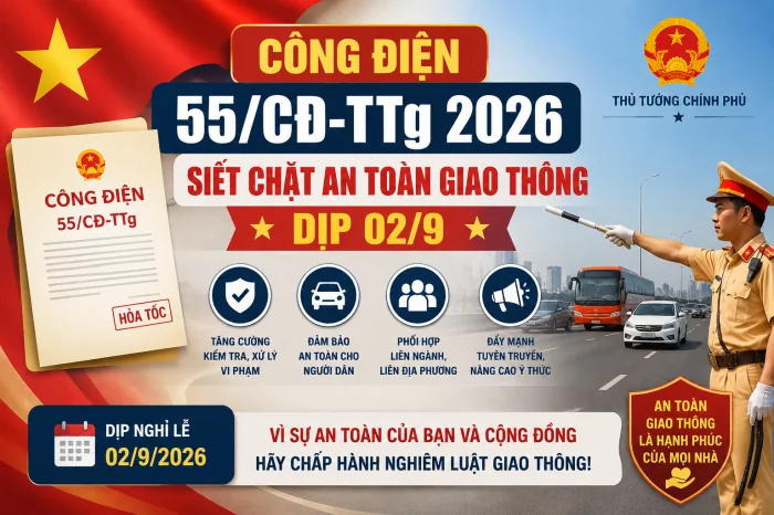 Công điện 55/CĐ-TTg 2026: Siết chặt an toàn giao thông dịp 02/9