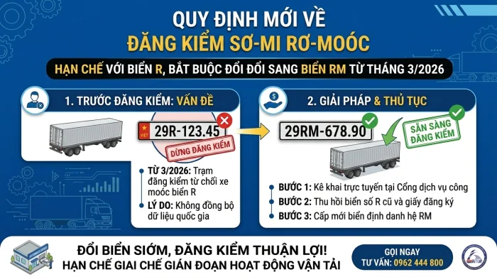 Sơ-mi Rơ-moóc Biển R Bị Từ Chối Đăng Kiểm Từ Tháng 3/2026: Hướng Dẫn Đổi Biển RM Nhanh Gọn