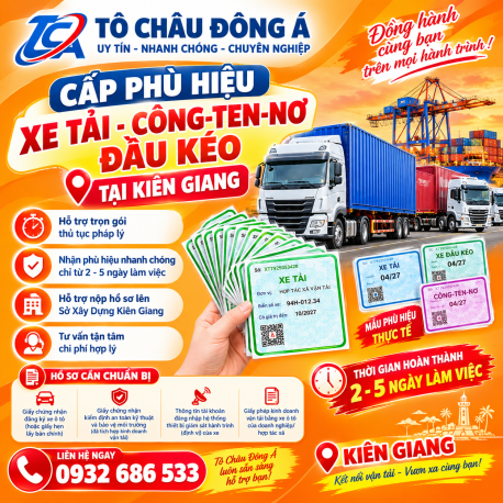 Cấp phù hiệu xe tải, công-ten-nơ, đầu kéo tại Kiên Giang