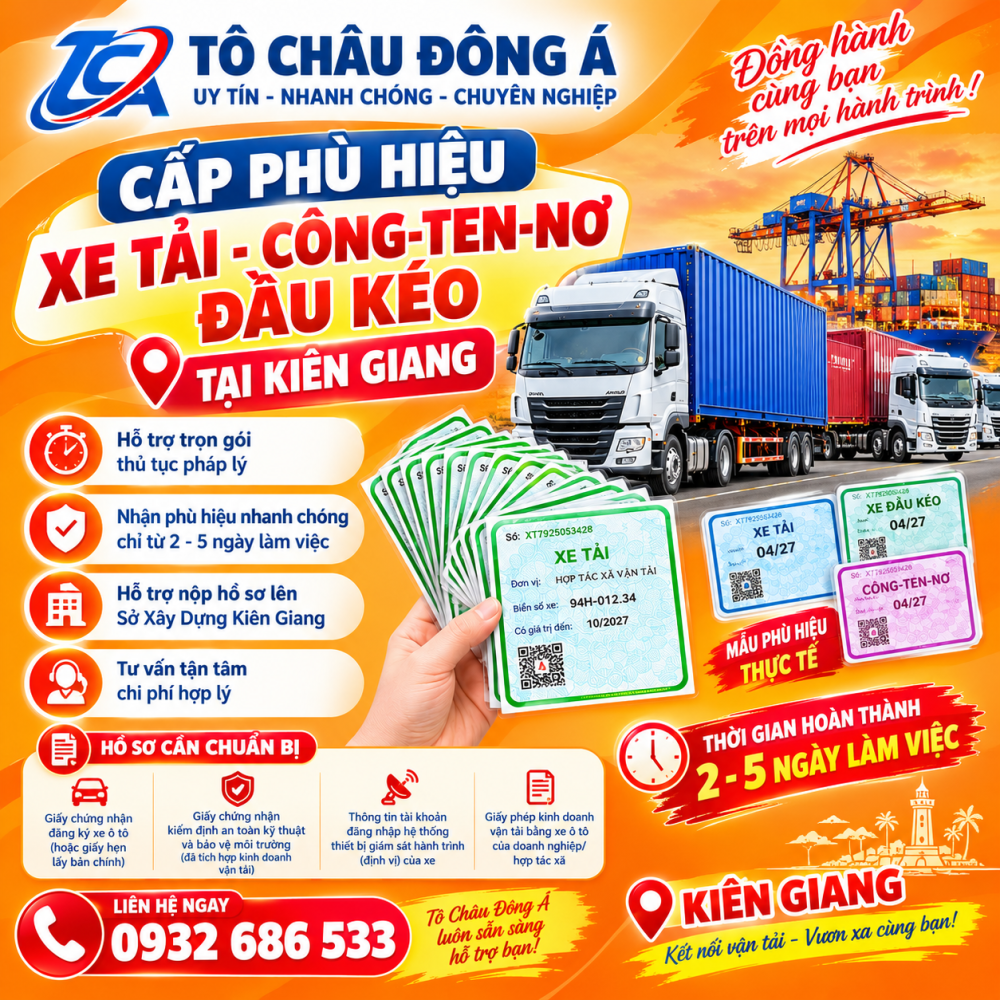 Cấp phù hiệu xe tải, công-ten-nơ, đầu kéo tại Kiên Giang