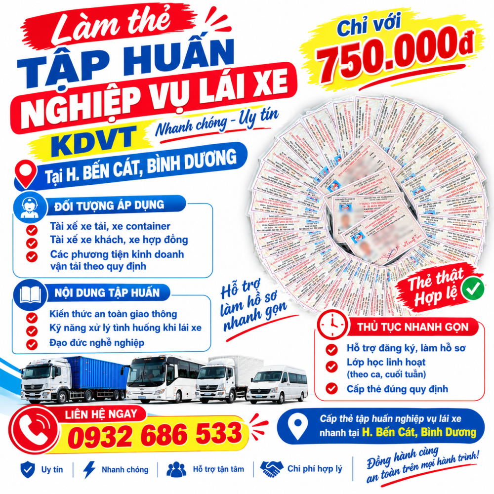 Cấp thẻ tập huấn nghiệp vụ lái xe tại H. Bến Cát, Bình Dương