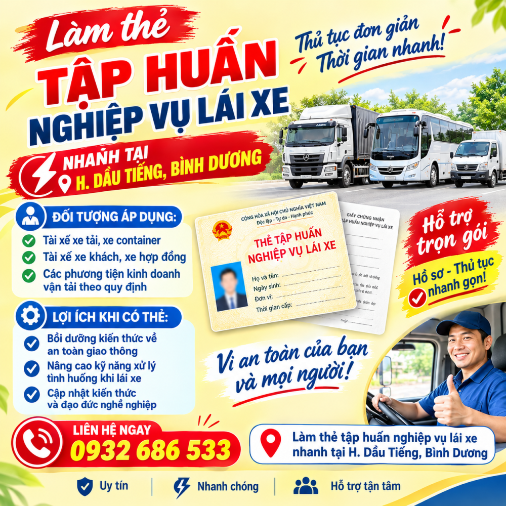  Làm thẻ tập huấn nghiệp vụ lái xe nhanh tại H. Dầu Tiếng, Bình Dương