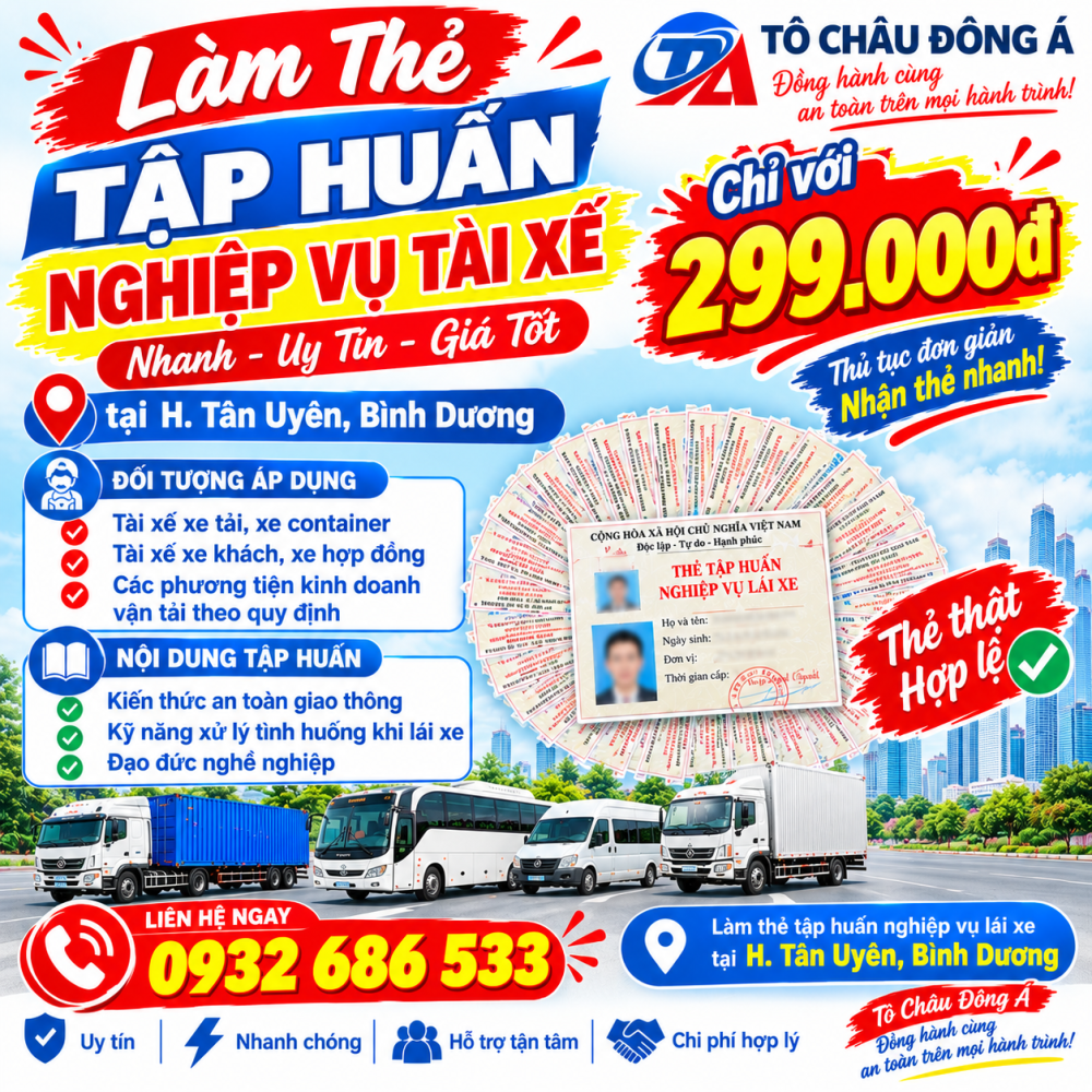  Làm thẻ tập huấn nghiệp vụ tài xế nhanh ở H. Tân Uyên, Bình Dương